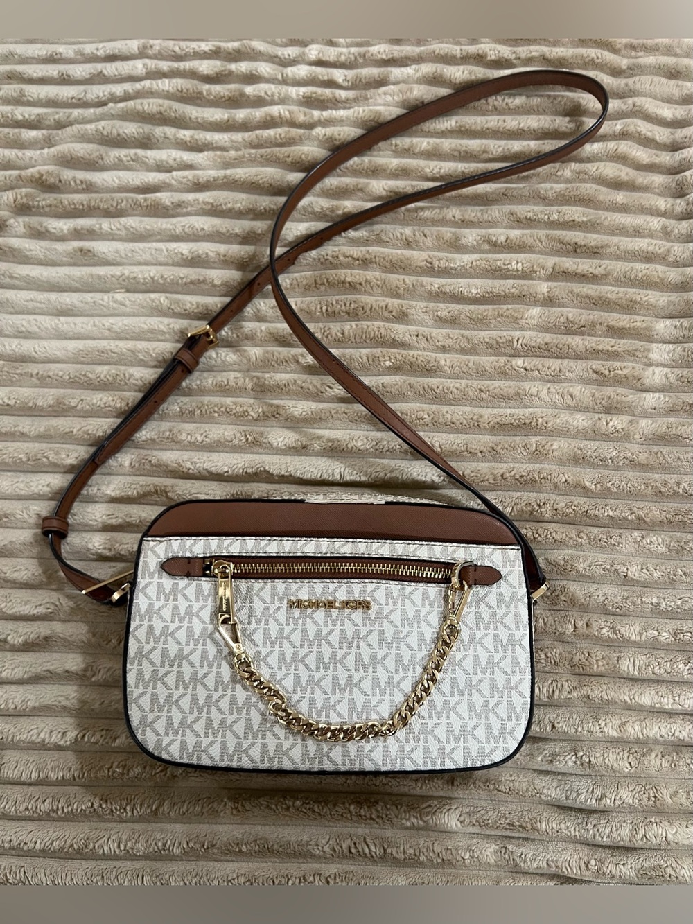 Michael Kors Off White and Brown Logo Chain Crossbody Bag